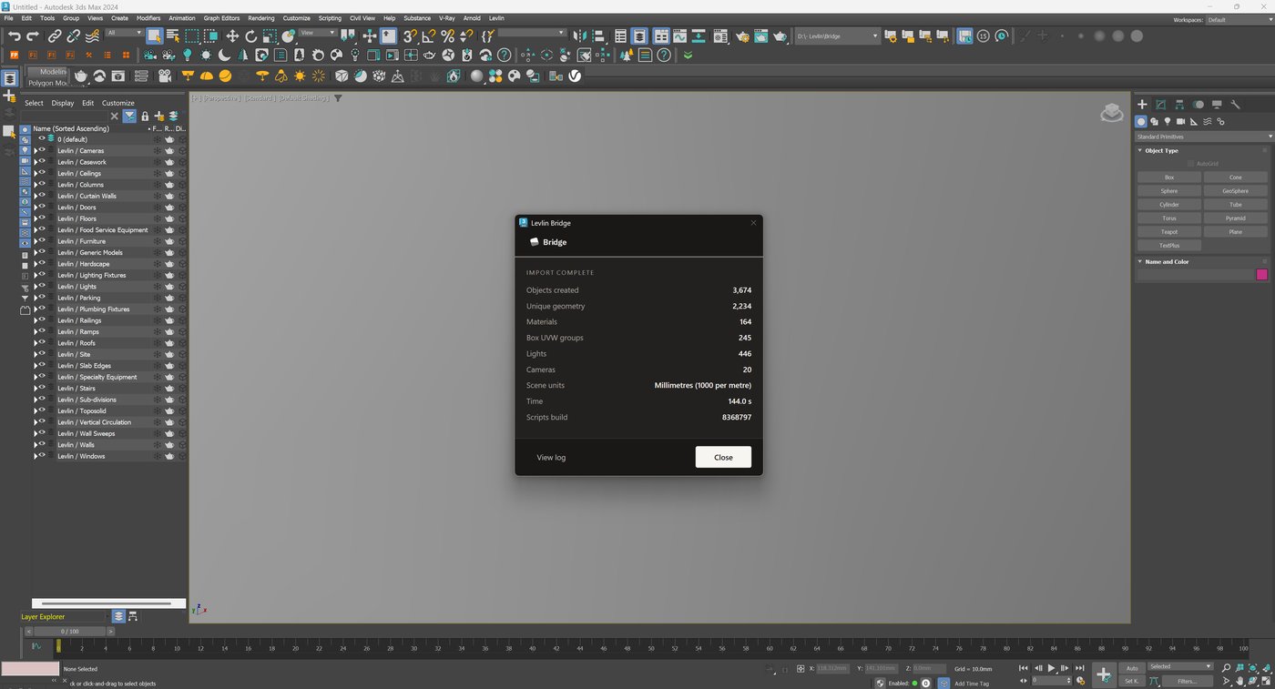3ds Max, Import complete dialog: 3,674 objects from 2,234 unique geometries