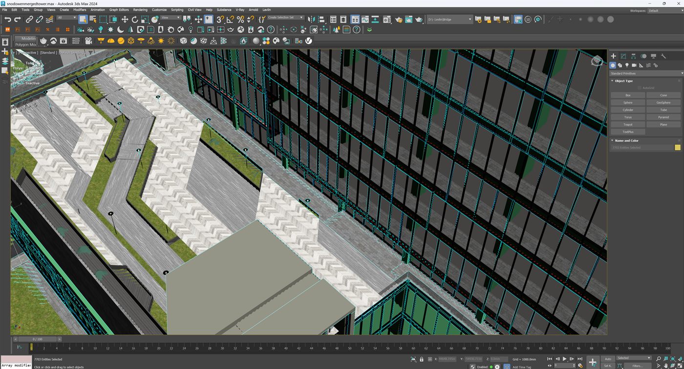 3ds Max 2024 viewport before the push: paving, grass, glazing and curtain wall with their materials, 7,703 entities selected.