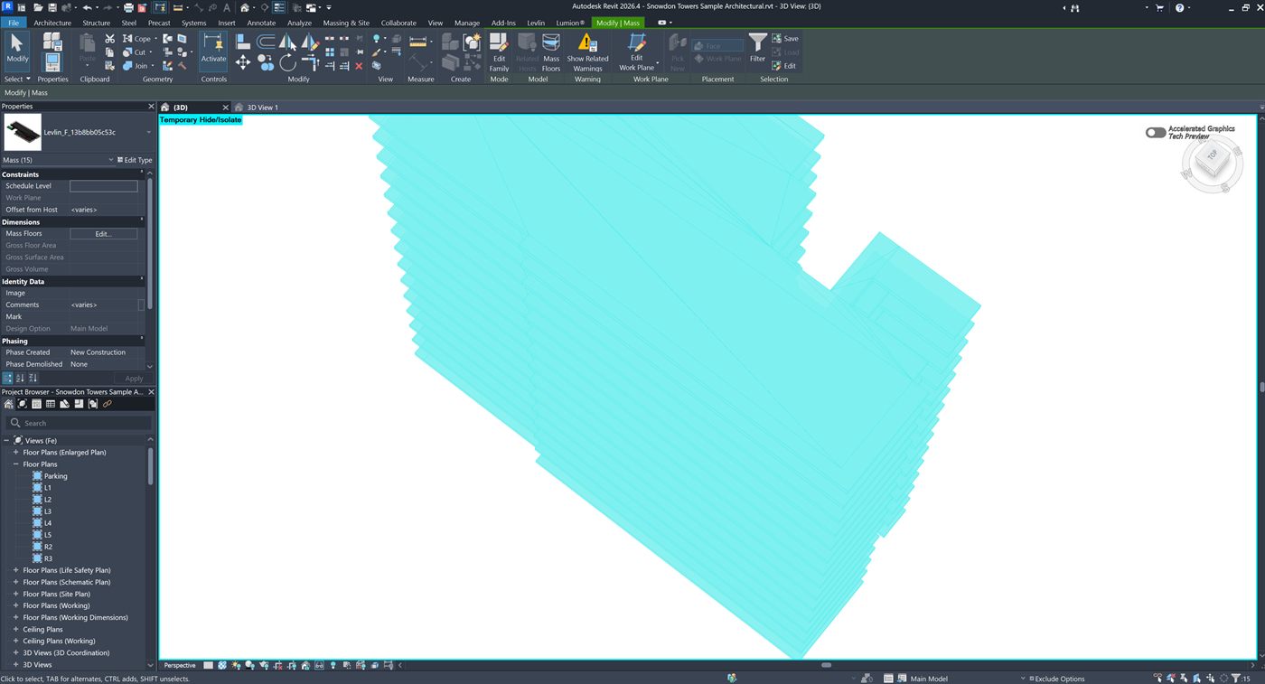 Revit: one Mass family type placed as 15 instances